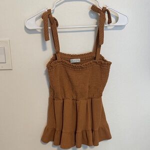 Brown Smocked Tank Top with Tie Straps